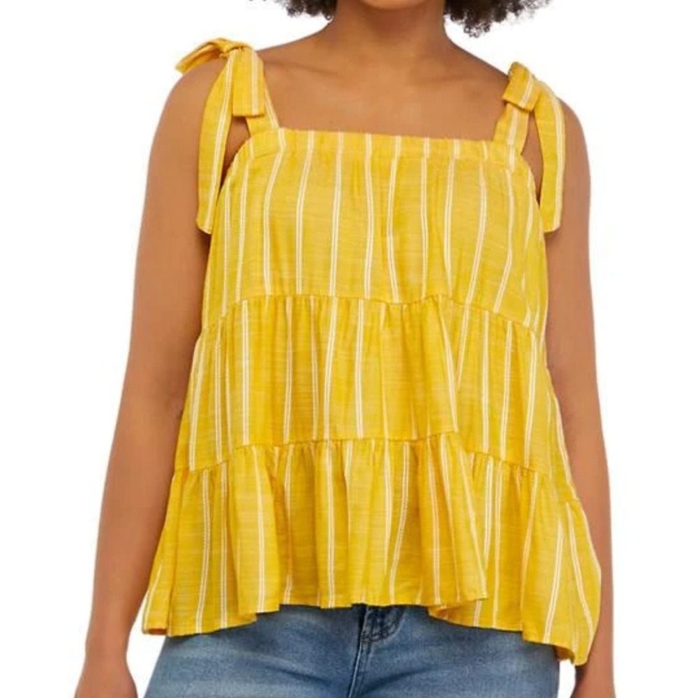 True Craft‎ Yellow White Stripe Tiered Tank Top Tie Shoulders Small - Picture 6 of 6